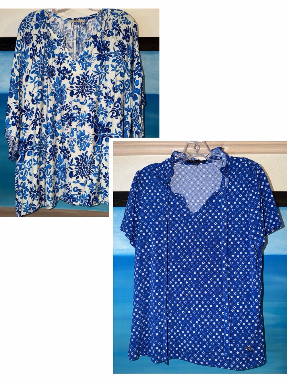 2 Pack: Adrienne Vittadini Blue Dot and White & Blue Floral Blouse